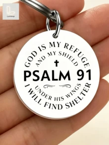 1pc "Psalm 91 God Is My Refuge And My Shield" Round Keychain – Christian Cross Faith Charm | Silver-Tone White Background Bold Text "I Will Under His Wings Find Shelter" | Perfect Gift For Believers, Baptism, Church | Daily Spiritual Protection - Thickened Upgraded Version - View 2