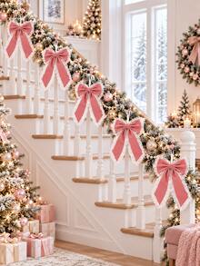 2pcs Pink Rhinestone Lace Bow Hanging Decorations, Large Christmas Tree Bow Decor With White Lace Trim, Holiday Wreath Embellishment, Staircase Garland Ribbon Bow, Gift Box Fireplace Window Holiday Home Party Decor, Winter Indoor Hanging Decoration - Multicolor - View 3