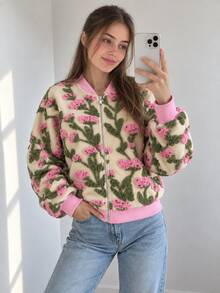 Women's Pink & Green Floral Pastoral Style Baseball Jacket, Loose Short Long Sleeve Jacquard Fleece Autumn Outerwear - Multicolor - View 5