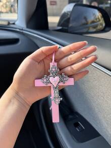 1pc Pink Gothic Cross Car Hanging Ornament Cute Heart Pendant Rearview Mirror Decor Vintage Women Style Interior Accessory Suitable For Ladies - A - View 7