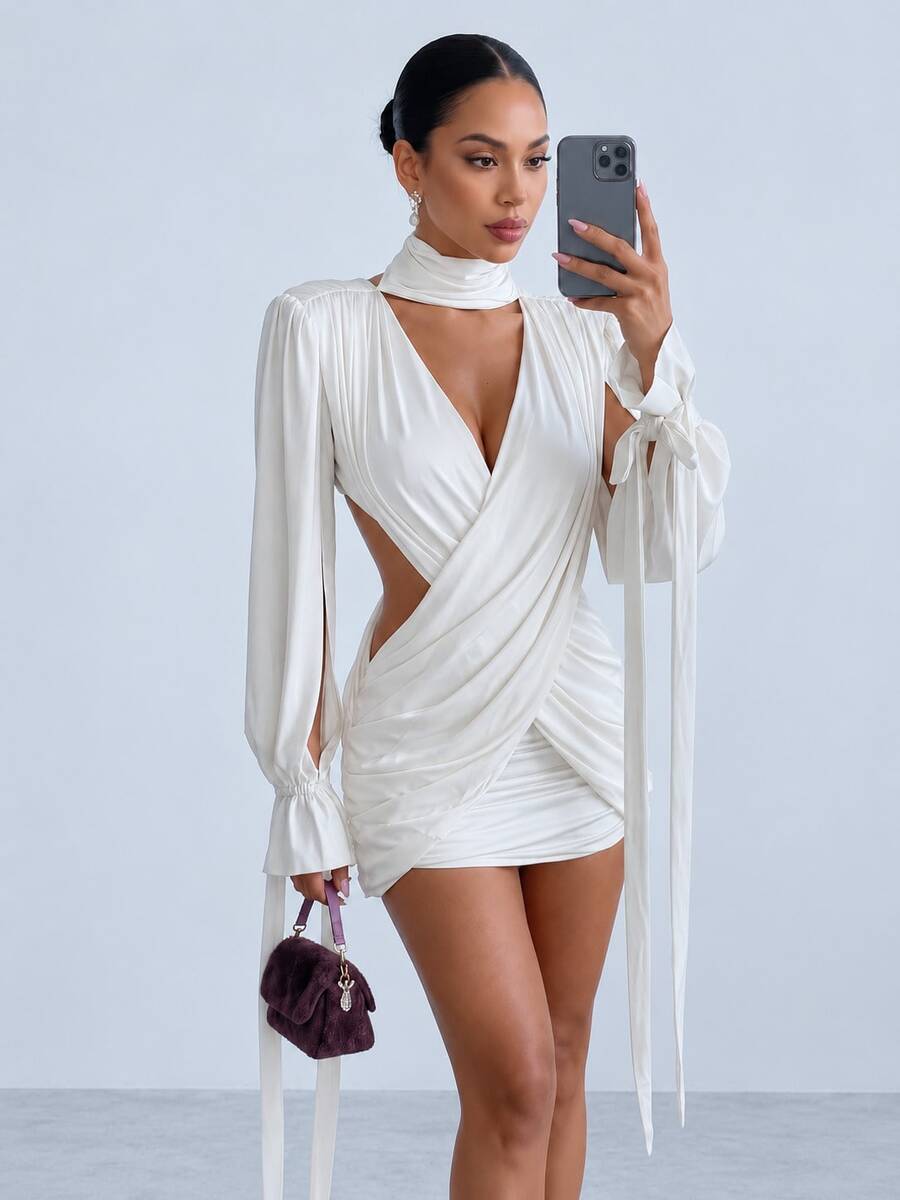 Kliou Sexy Halter Dress Women 2026 Autum Ribbon Hollow Full Sleeve Cross Ruched Backless Stretch Skinny Midnight Party Club Mini Bodycon - White - View 1