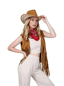 2PCS/SET Western Cowgirl Costume Set With Fringe Vest And Bandana For Summer Country Concert - Brown - View 2
