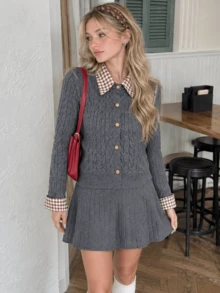 Women's Autumn/Winter Striped Knit Cardigan & Skirt 2 Pieces Set, Minimalist Casual Sweater Outfit - Grey - View 3