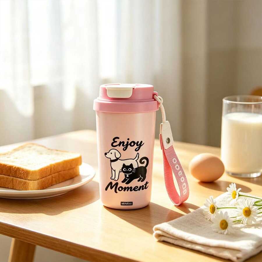 MINISO 正版授權可愛貓咪與蝴蝶咖啡杯,便攜防漏旅行杯,可愛卡通設計,適合學生與女性,居家生活與日常辦公補水 - 粉色 - 查看 1