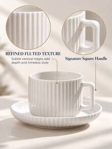 1/6 Sets Optional, Minimalist White Ceramic Coffee Cup & Saucer Set, Nordic Style Striped Latte Espresso Tea Cups, Square Handle Coffee Mug, Home Cafe Afternoon Tea Tableware - Multicolor - View 3
