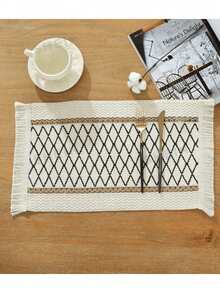1/4/8 PCS Placemat Set 3 Pieces - 17.7 Inch X 11.8 Inch Woven Cotton Placemats, Suitable For Dining Table, Linen Material Placemats, Autumn Thanksgiving Dinner Use, Beige - Multicolor - View 3