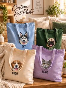 Personalized Pet Photo And Name Tote Bag, Large Capacity Shoulder Bag, Customizable Foldable Personalized Tote Bag Featured With Name Logo Text, Available In Various Colors,Solid Color Large Capacity Shoulder Bag,Suitable For Work, Travel And School,Suitable For Holidays.Ideal Gift For Birthday, Anniversary And Valentine's Day. - Multicolor - View 5