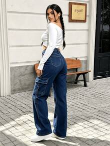 Pantalones vaqueros casuales de mezclilla para mujer, diseño de pierna recta, tejido elástico, bolsillos con botones, cierre de cremallera. - 2077 Azul de trabajo - Ver 3