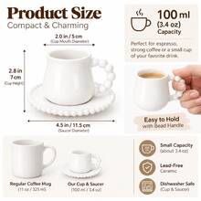 6Pcs 3.4oz Small Porcelain Coffee Cup With Saucer Set - Espresso Cups Pearl Design Handle & Rim Ceramic 100ml Tea Cup Set Deco Gift For Cappuccino Cafe Mocha Tea Dishwasher & Microwave Compatible - White - View 2