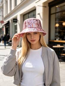 1pc Fish Scale Pattern Street Party Polyester Sequin Patchwork Decor Bucket Hat, Fashionable Versatile Colorful Bucket Hat For Spring Summer Autumn Winter - Rose Gold - View 1