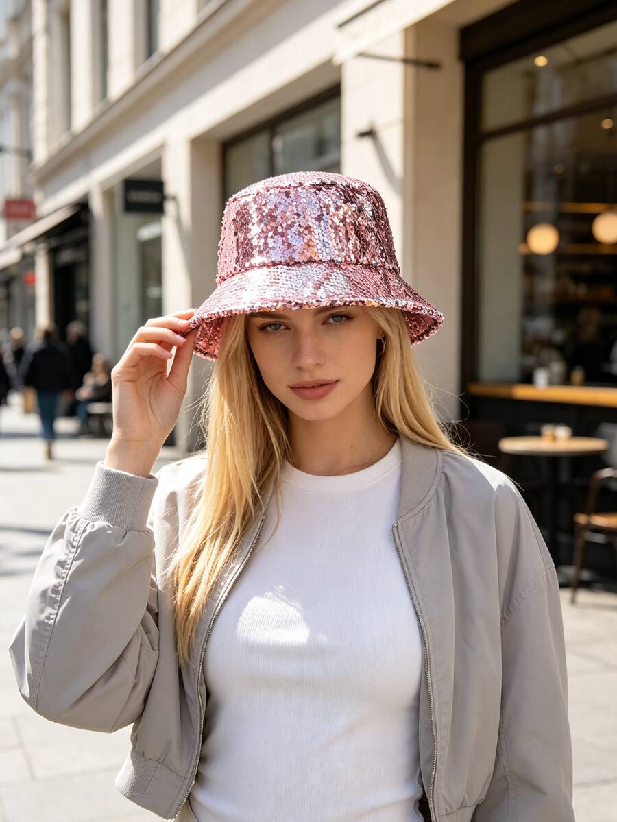 1pc Fish Scale Pattern Street Party Polyester Sequin Patchwork Decor Bucket Hat, Fashionable Versatile Colorful Bucket Hat For Spring Summer Autumn Winter - Rose Gold - View 1