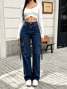 Pantalones vaqueros casuales de mezclilla para mujer, diseño de pierna recta, tejido elástico, bolsillos con botones, cierre de cremallera. - 2077 Azul de trabajo - Ver 5