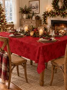 1pc Red Floral Christmas Tablecloth, Elegant Polyester Round Or Square Table Cover With Tonal Botanical Pattern, Soft Washable Dining Table Decor For Christmas Dinner, Holiday Party, Winter Home, Kitchen & Dining Room - Multicolor - View 7