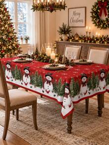 1pc Red Snowman Christmas Tablecloth, Festive Polyester Round Or Square Table Cover With Evergreen Garland, Cardinal, Pinecone & Snowflake Border, Soft Washable Holiday Dining Decor For Christmas Dinner, Winter Party, Kitchen & Home - Multicolor - View 14