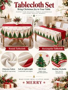 1pc Ivory Christmas Tree Tablecloth, Festive Polyester Round Or Square Table Cover With Red Center Band, Gold Star, Snowflake & Evergreen Border, Soft Washable Holiday Dining Decor For Christmas Dinner, Winter Party, Kitchen & Home - Multicolor - View 9