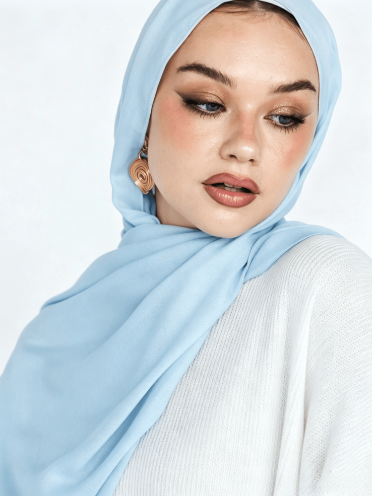 1pc Women Hijab Soft Chiffon Faux Pearl Decor Solid Color Headscarf, Suitable For Daily And Conservative Wear For Abaya - Blue - View 3