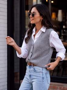 Rompi Sweater Wanita Abu-abu Gaya Preppy Musim Gugur/Musim Dingin, Atasan Rajut Bergaris Kasual Leher V dengan Kancing Depan untuk Kampus, Pakaian Sehari-hari & Acara Akhir Pekan - Grey - View 4