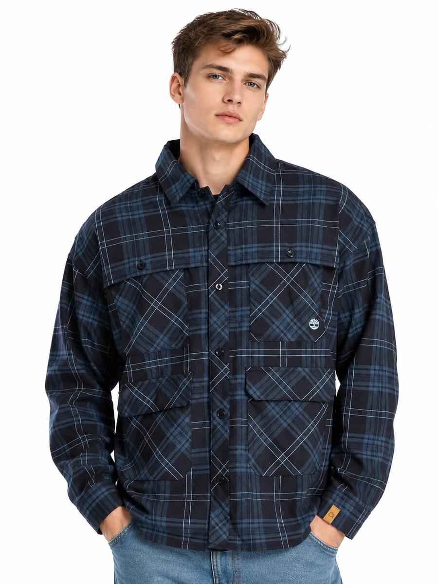 Timberland New Men's Outdoor Casual Plaid Shirt Multi-Pocket Loose Fit Long Sleeve Shirt - Royal Blue - View 1
