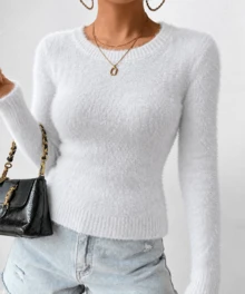 Sweater Rajut Wanita Lengan Raglan Leher Bulat, Atasan Pullover Warna Polos yang Pas Badan, Cocok untuk Kencan, Kantor, dan Acara Sehari-hari - Putih - View 5