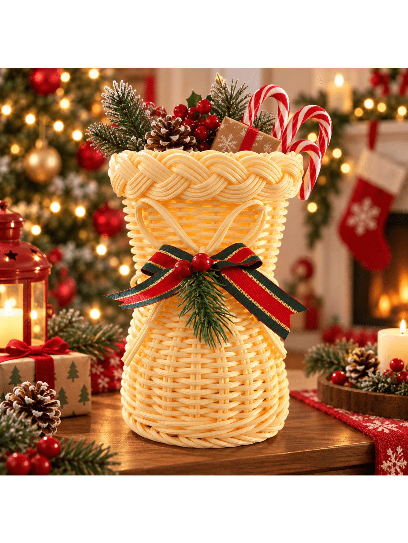 2pcs [A Boot Basket+A Bow]Handmade Rattan Christmas Boots Ornaments With Red Bows, Multifunctional Rattan Boots Modeling Desktop Christmas Decorations, Holiday Candy Baskets And Gift Baskets, Christmas Decorations And Holiday Gifts.
