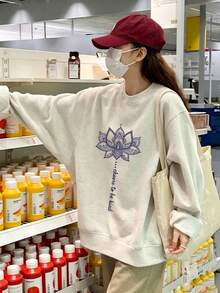 Women's Autumn/Winter Pure Cotton Loose Casual Versatile Letter Flower Cartoon Print Crew Neck Sweatshirt - Light Gray - View 3