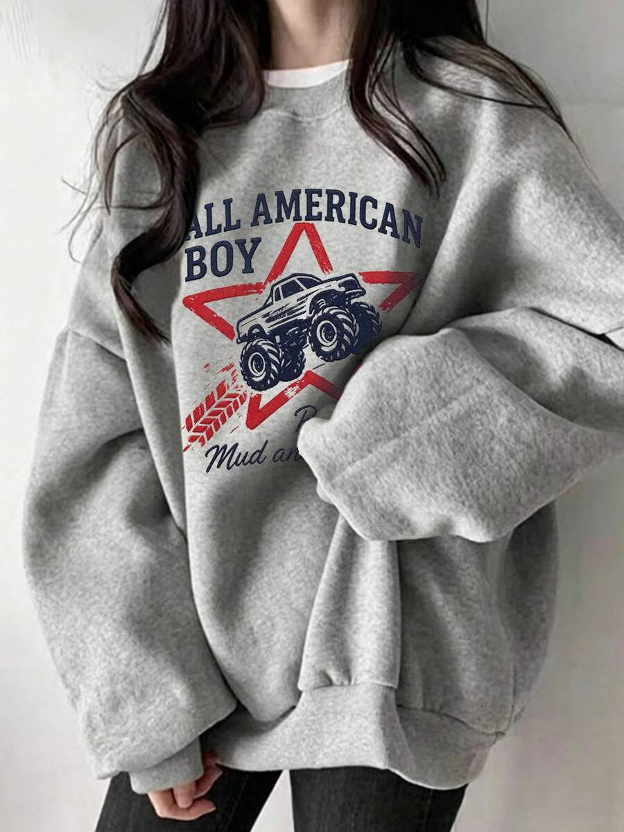 Women's Loose Casual Versatile Letter Cartoon Print Round Neck Sweatshirt, Autumn/Winter - Dark Gray - View 1
