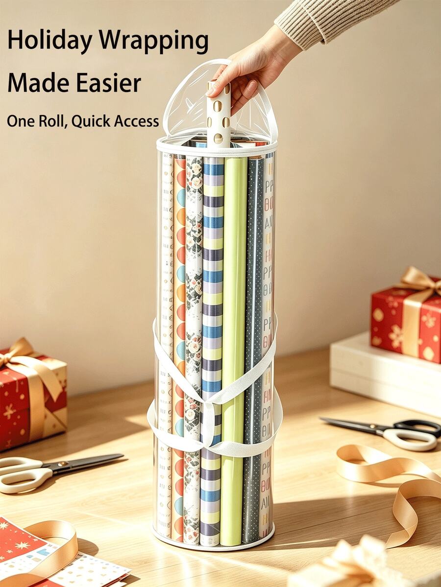 PVC Gift Wrapping Paper Storage Bag With Top And Side Handles, Wear-Resistant Tubular Container Organizer Bag, Suitable For Gift Wrapping & Decoration, Room Decor Storage, Christmas Bedroom Decoration, Home Decor, Car Accessories, Bathroom Storage, Household Supplies - Multicolor - View 1