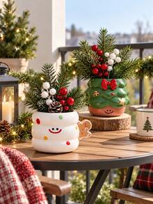 Christmas Resin Figurine Planter, Cute Santa & Tree Shape Decor Pot With Artificial Pine, Tabletop Holiday Centerpiece For Home Mantel, Window, Balcony, Xmas Party Decor & Festive Gift For Family Friends - A - View 2