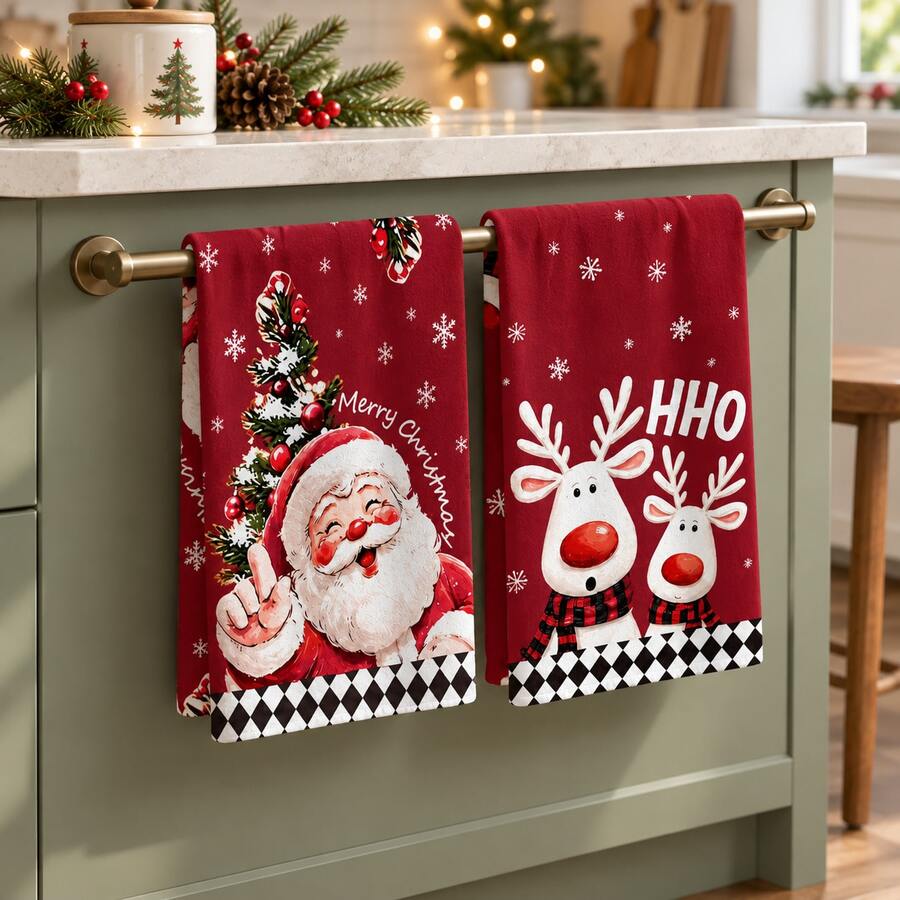 2 buah Handuk Dapur Motif Natal, Santa Claus, Rusa Kutub, Kepingan Salju, Pohon Natal, Desain Teks, Handuk Tangan Merah untuk Liburan, Handuk Dekorasi Rumah Dapur Musim Dingin, Dekorasi Pesta Natal, Hadiah Liburan untuk Memanggang dan Membersihkan - MultiWarna - View 1