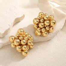 1Pair Gold Tone Beaded Cluster Stud Earrings, Chunky Bubble Ball Statement Earrings, Elegant Vintage Style Jewelry For Women, Party & Daily Wear - Gold - View 5