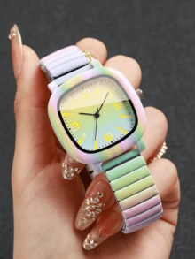 Women's Colorful Rainbow Gradient Square Quartz Wristwatch, Elastic Stretch Band, Casual Y2K Daily Wear Decorative Watch - Multicolor - View 3