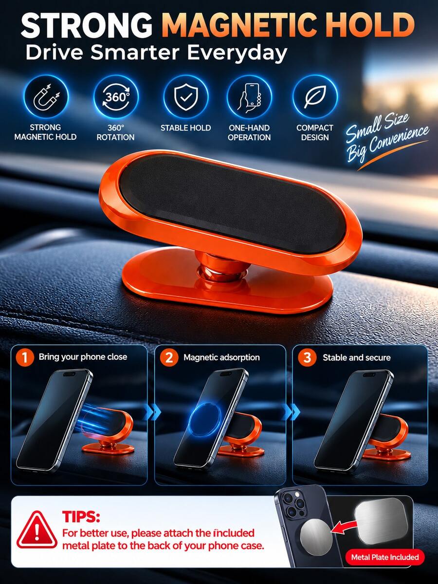1/2PCS Magnetic Car Phone Mount, Ultra-Strong Magnetism, Metal Plate Included, 360° Rotation, Universal Adhesive Dashboard Mount, Compatible With IPhone & Various Smartphones, Hands-Free Navigation, Daily Commute, Road Trip, Fall Travel, Halloween Gift