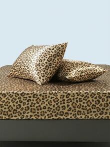 3pcs Leopard Print Satin Fitted Sheet Set (1 Fitted Sheet + 2 Pillow Shams), Modern Design Polyester Fabric With High Luster, Fit For Home And Decor - Golden Leopard - View 1
