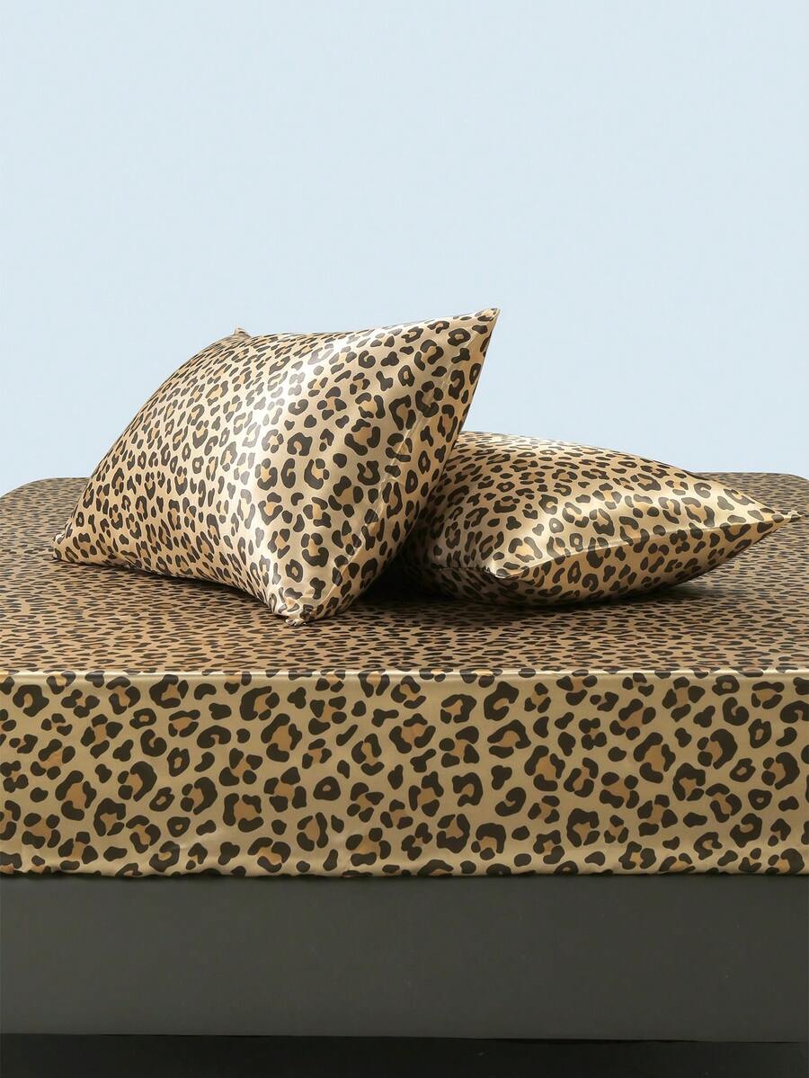 3pcs Leopard Print Satin Fitted Sheet Set (1 Fitted Sheet + 2 Pillow Shams), Modern Design Polyester Fabric With High Luster, Fit For Home And Decor - Golden Leopard - View 1