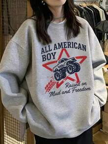 Women's Loose Casual Versatile Letter Cartoon Print Round Neck Sweatshirt, Autumn/Winter - Dark Gray - View 3