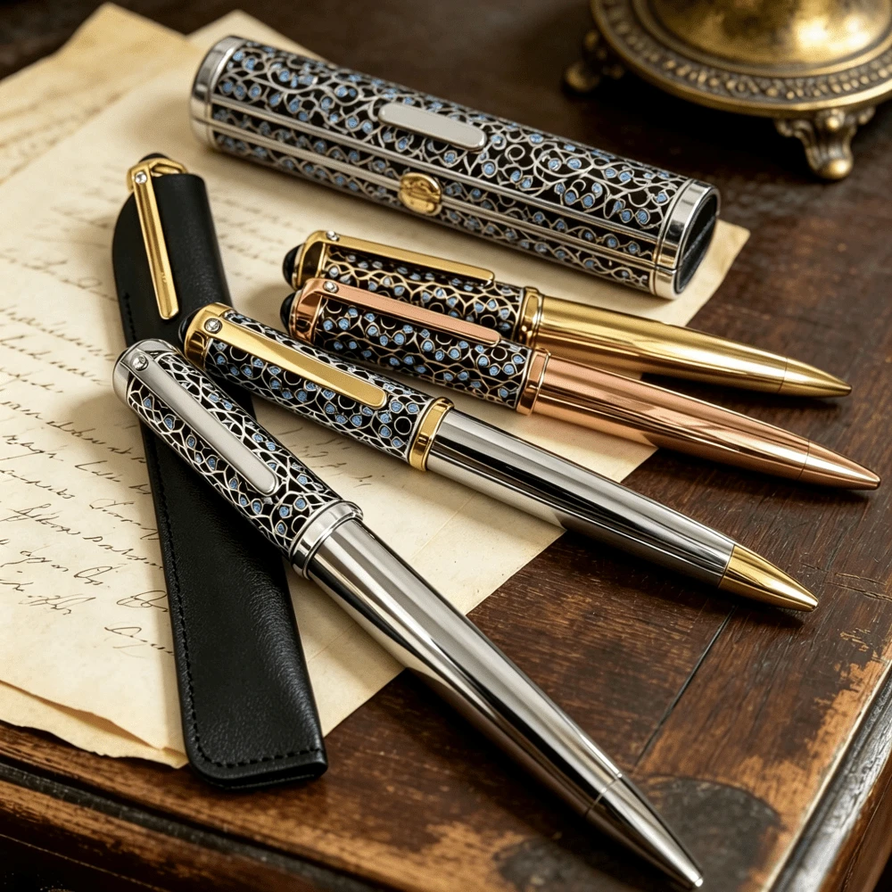 Premium Metal Ball Pen, Retro Pattern Design, Rotary Telescopic, Heavy Metal Feel, Excellent Tactile Experience. An Ideal Gift For Men, Husbands, And Fathers. This Business Office Gift Set Comes With 0.7mm Black Refill, Suitable For Office, Business Events, Back To School, Daily Stationery Use, And Gift Giving.