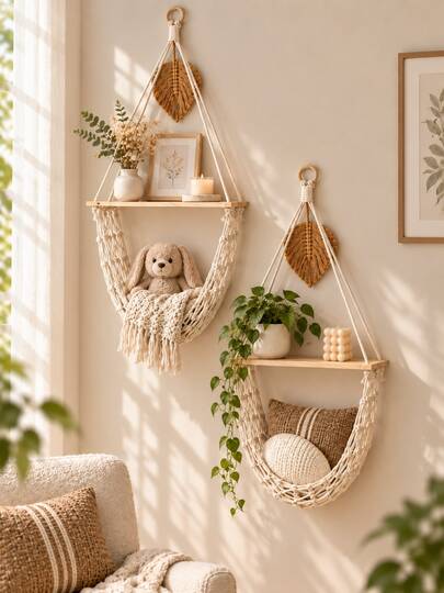 1pc Hanging Wall Shelf Boho Wall Organizer Cream White Decorative Storage Display Rack With Hammock Pocket For Bedroom Living Room Entryway Reading Corner Halloween Christmas Home Decor Small Space Organizer Shelf