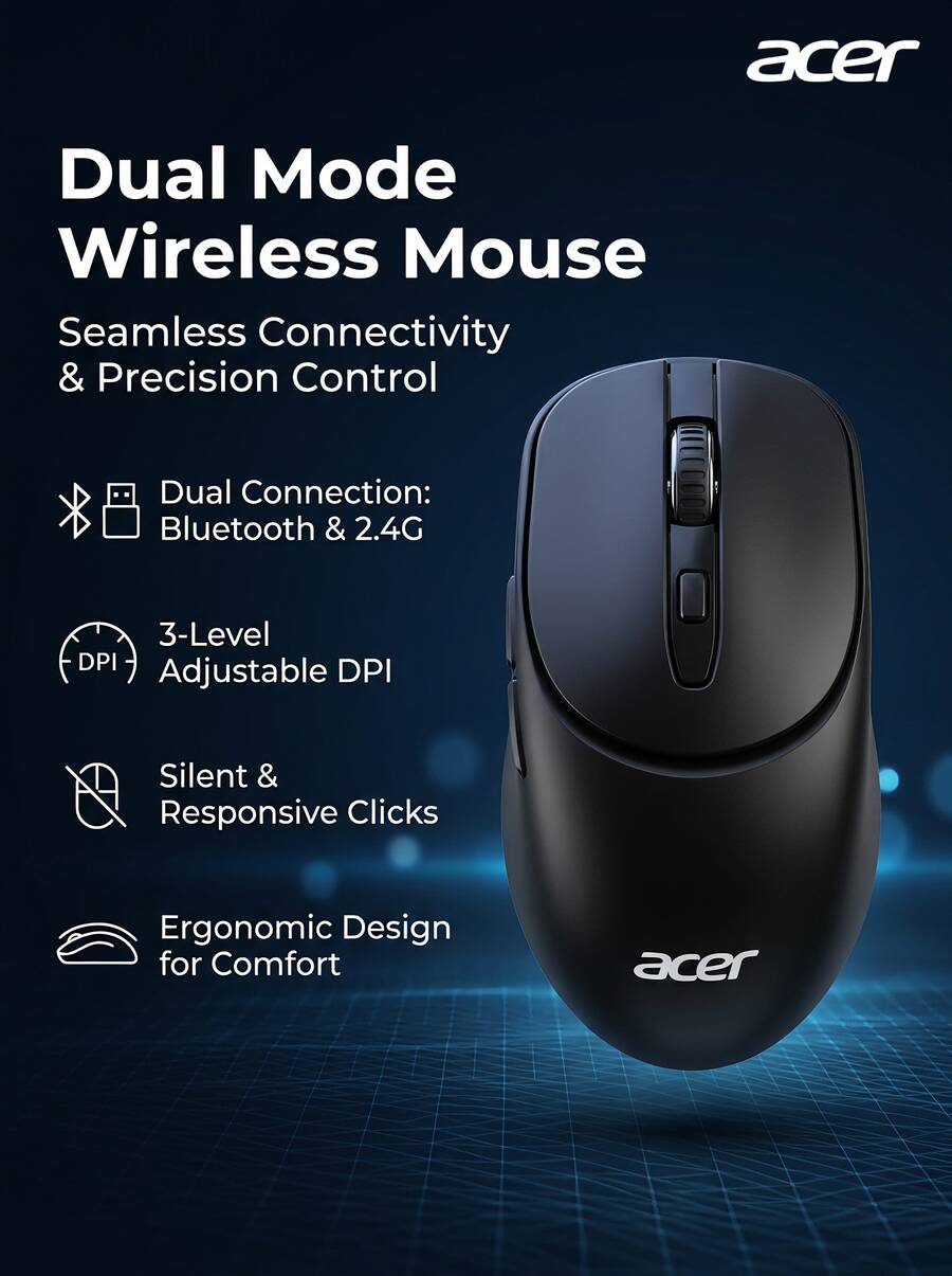 Acer Wireless 2.4G Bluetooth Dual-Mode Mouse, Quiet, Portable, Compact, Business Office, Desktop PC, Apple Laptop Compatible, USB Interface, Black - Wireless Bluetooth Dual-Mode - View 1