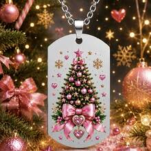 eTel LiKe Christmas Necklace, Pink Bow Christmas Tree Square Pendant, Stainless Steel Material, Heart-Shaped Snowflake Design, Holiday Party Jewelry Gift - Multicolor - View 2