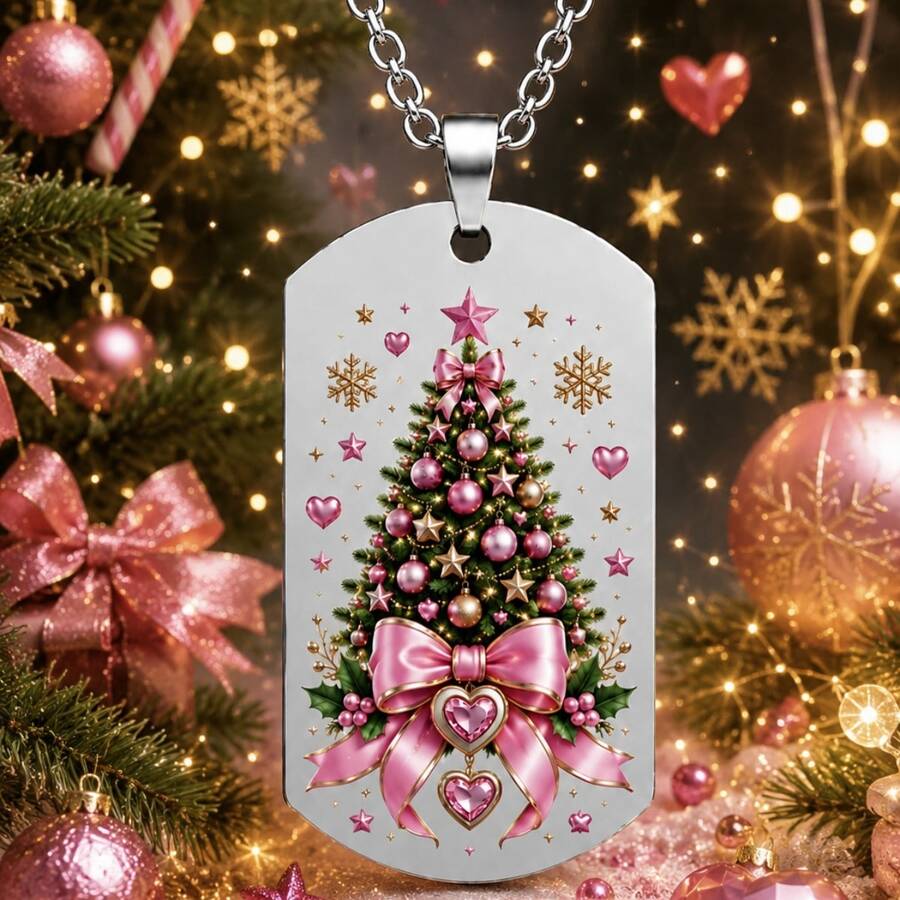 eTel LiKe Christmas Necklace, Pink Bow Christmas Tree Square Pendant, Stainless Steel Material, Heart-Shaped Snowflake Design, Holiday Party Jewelry Gift