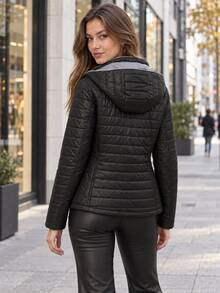 Fitted Hooded Quilted Puffer Jacket, Zip Up Lightweight Padded Winter Coat With Contrast Lining And Zipper Pockets - Black - View 5