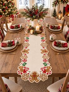 1pc-Christmas Gingerbread Man Cutout Table Runner, Xmas Candy Cane Snowflake Table Runner, Rustic Farmhouse Holiday Table Decor, Seasonal Tabletop Centerpiece For Dining Table Kitchen Party Winter Christmas Home Decorations - Multicolor - View 2