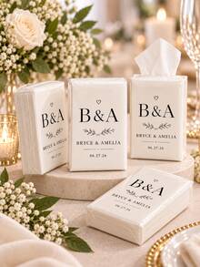 Customizable Couple Name Happy Tears Wedding Tissues, Elegant Minimalist White Mini Pocket Tissue Box, Personalized Wedding Date Printed Travel Pack Tissues, Bulk Wedding Guest Favors Table Decor Keepsake Gifts - Multicolor - View 6
