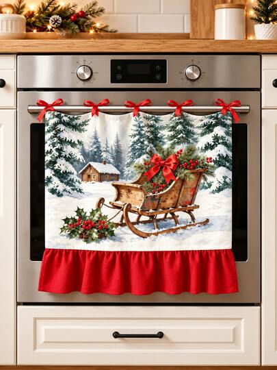 Christmas Sleigh Oven Door Curtain, Watercolor Winter Forest Cabin Print Ruffled Oven Handle Cover For Kitchen Decor