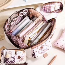 Yescholar 1pc Cute Dog Embroidered Large Capacity Pencil Case With Handle, Multi-Compartment Zipper Pen Bag With Front Pockets, Portable Stationery Organizer For Girls, Teens & Students, School & Daily Use - Cute Dog Embroidery Large Capacity Pencil Case - View 2