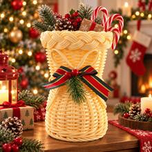 2pcs [A Boot Basket+A Bow]Handmade Rattan Christmas Boots Ornaments With Red Bows, Multifunctional Rattan Boots Modeling Desktop Christmas Decorations, Holiday Candy Baskets And Gift Baskets, Christmas Decorations And Holiday Gifts. - Multicolor - View 10