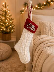 1pc Custom Embroidered Color Block Christmas Stocking, Knitted Xmas Hanging Sock With Personalized Text, 4 Color Options, Fireplace Mantel Home Decor, Unique Holiday Gift For Household Members, Seasonal Wall Hanging Ornament - Multicolor - View 9
