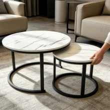 Stackable Marble Table With Metal Frame, Living Room Coffee Table With Sturdy Frame & Embedded Marble Surface, Movable & Space-Saving, Great Side Table For Living Room, Bedroom, Balcony And Terrace, One Random Floor Mat Included - Multicolor - View 17