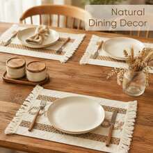 1/4/8 PCS Placemat Set 3 Pieces - 17.7 Inch X 11.8 Inch Woven Cotton Placemats, Suitable For Dining Table, Linen Material Placemats, Autumn Thanksgiving Dinner Use, Beige - Multicolor - View 6