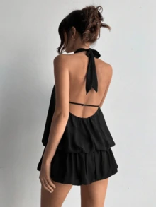 Mono Corto Elegante de Cuello Halter para Mujer, Color Negro Sólido Sin Mangas Estilo Casual Verano - Negro - Ver 2